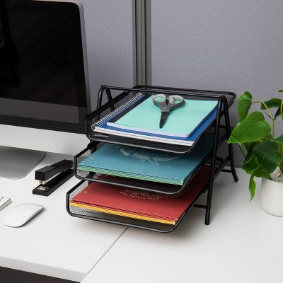 Black Steel Mesh 3-Tier Letter Tray Organizer