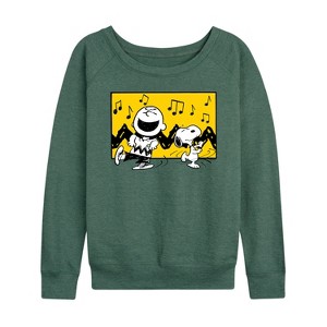 Women's - Peanuts - Charlie And Snoopy Dance Time Lightweight French Terry Wide Neck Long Sleeve Shirt - 1 of 4