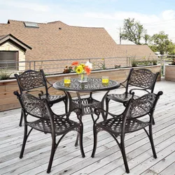 Costway 5 PCS Patio Dining Bistro Sets Cast Aluminum Round Patio Table W/Chairs