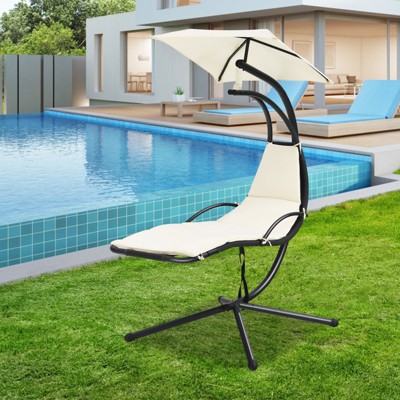 Beige Steel Hanging Chaise Lounge Chair with Cushions and Canopy