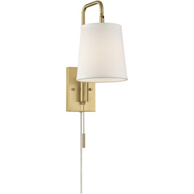 Luca Warm Brass 18" Swing Arm Plug-In Wall Lamp with White Shade