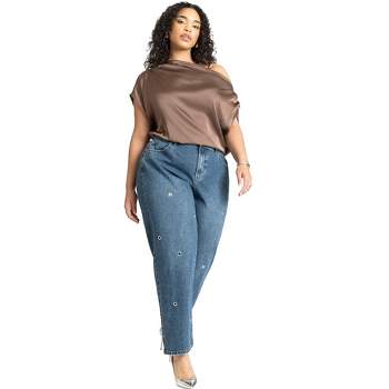 ELOQUII Women's Plus Size High Rise Loose Grommet Jean