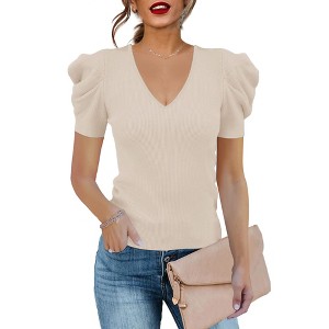 Clearlove Puff Short Sleeve Sweater for Women Tops 2025 Knit V Neck Shirt Blouses - 1 of 4