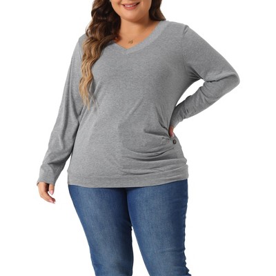Agnes Orinda Women's Plus Size Knitted Buttons Decor Ruched Waist Long Sleeve V Neck T-shirts