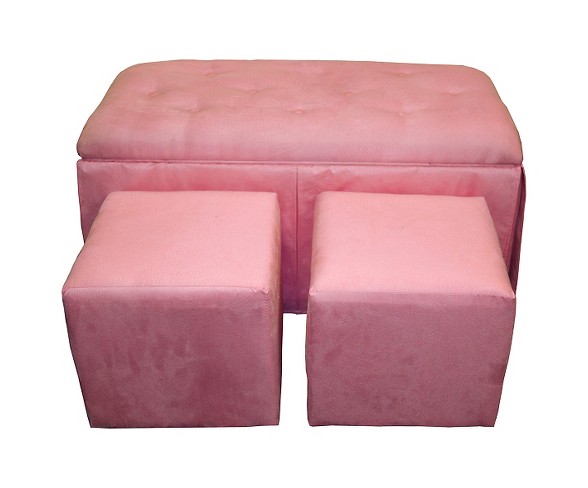 Microfiber Storage Bench with 2 Matching Ottomans Pink - Ore International