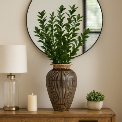 Modern Vase for Living Room Decor - Terracotta Vase with Woven Rattan Neck Perfect for Bedroom, Office, or Table Centerpiece - 19" Black & Brown