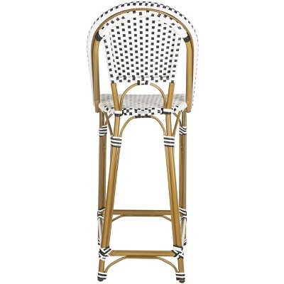 Zaid Black and White Wicker Counter Stool with Brown Frame