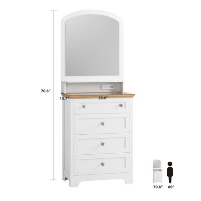 Zstar White Drawer Dresser with Mirro and LED Strip, 4 Drawer Cabinet with Cristal Knobs, Modern Makeup Vanity Table for Small Space