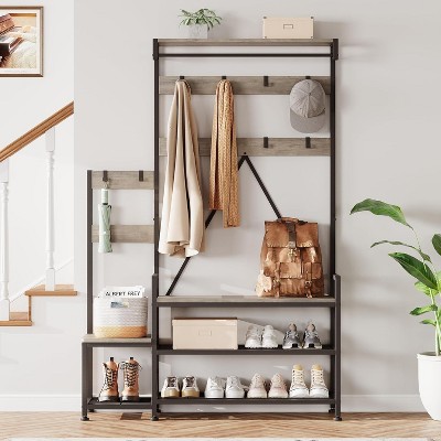 Hall Tree, Coat Rack with Shoe Storage, Coat And Shoe Rack Entryway, Large Organizer with Shoe Rack, Storage Cubbies, Hooks, and Top Shelf