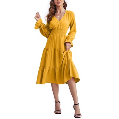 Clearlove Casual V Neck Layered Long Sleeve Wedding Guest Maxi Dresses for Women Flowy Maxi Dress