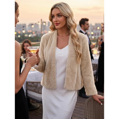 INSPIRE CHIC Women's Winter Faux Fur Casual Long Sleeve Shaggy Warm Cropped Jacket X-Large Champagne Gold — фото 4