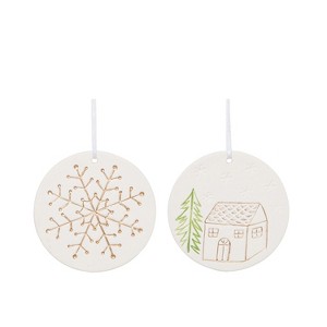 Transpac Medium Ceramic Carved Christmas Ornament Set of 2 White Indoor Decorations for Tree Gift Giving Holiday Decor - 1 of 1