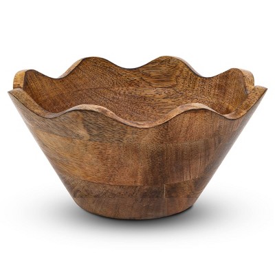 Mela Artisans Wooden Scalloped Bowl - Small | Ruffle Decorative Style | Rustic Kitchen Decor | Mango Wood | Natural Grain Finish | Fits Bread, Fruits,