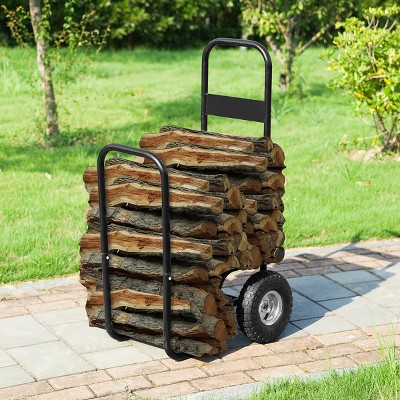 Black Metal Rolling Firewood Log Carrier with Wheels