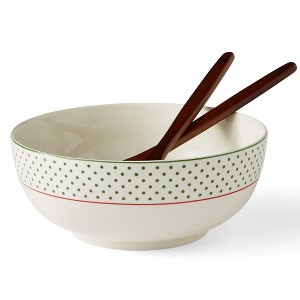 Spode Christmas Tree 10 Inch Serving Bowl & Wooden Servers, Polka Dot - Ceramic Serving Bowls & Party Bowls for Holiday Celebrations - 1 of 4