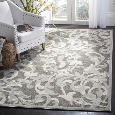 Grey and Light Grey Floral Synthetic Area Rug