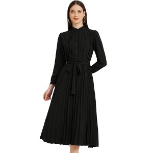 Allegra K Women's Long Sleeve Mock Neck A-Line Flowy Midi Pleated Shirt Dress - 1 of 4