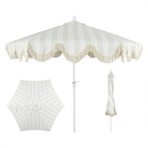 JONATHAN Y Collins 9 ft. Classic Cottage Tassel Market Patio Umbrella with Auto-Tilt, Crank, Wind Vent and UV Protection - 1 of 4