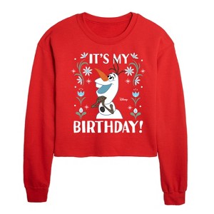 Disney Olaf It's My Birthday Cropped Long Sleeve Crew Neck Sweatshirt - Red - X-Large - 1 of 2