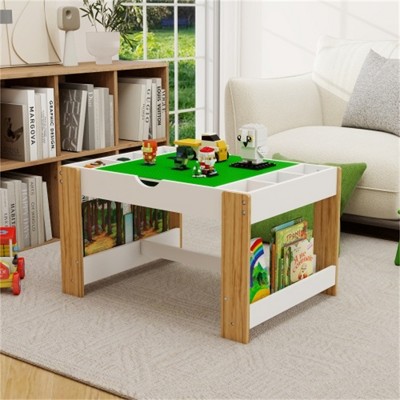 YONWAY Kids 2 in 1 Play Table,Compartments,Compatible with LEGO Building Block,Modern Activity Learning Table Game Furniture-White