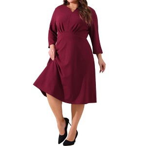 Agnes Orinda Women's Plus Size Wedding Split Neck 3/4 Sleeve Pocket A-Line Midi Dress - 1 of 4