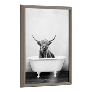 Kate & Laurel All Things Decor 18"x24" Blake Highland Cow in the Tub BW Framed Printed Glass: Nursery Decor, Modern Wall Art - 1 of 4