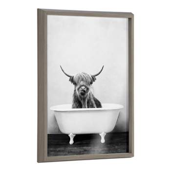 18" x 24" Blake Highland Cow in the Tub BW Framed Printed Glass Gray - Kate & Laurel All Things Decor
