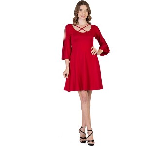 Womens Criss Cross Neck Cold Shoulder Bell Sleeve A-Line Dress - 24seven Comfort Apparel™ - 1 of 4