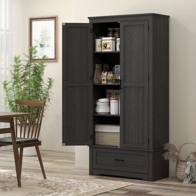 Black Tall Farmhouse Kitchen Pantry Cabinet with Adjustable Shelves