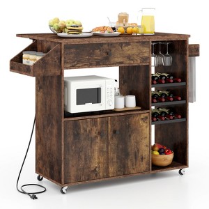 Costway Drop Leaf Kitchen Island Cart with Power Outlet Mobile Buffet Storage Cart with Microwave Shelf - 1 of 4