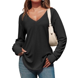 Imily Bela Womens Deep V Neck Tunic Tops Long Sleeve Oversized Casual Loose Fit Curved Hem T Shirts - 1 of 4