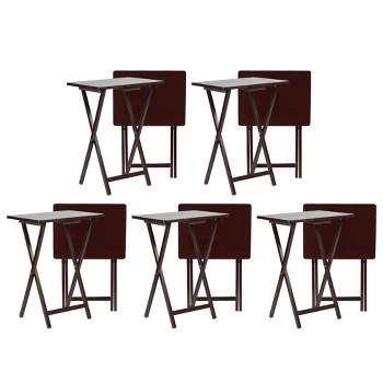 PJ Wood Solid and Sturdy Wood Construction Portable Folding TV Snack Tray Table Desk Serving Stand, Espresso Brown (10-Piece Set)