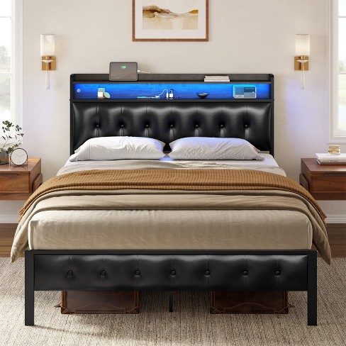 Hausource Queen Bed Frame with Storage Headboard & Footboard Platform Bed  with LED Lights No Box Spring Needed - Black