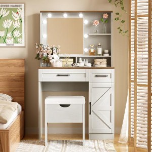 LIVAREEmlen Farmhouse Makeup Vanity Desk with Mirror and Lights,3 Lighting Modes,2 Drawers and Side Cabinet for Bedroom, White - 1 of 4