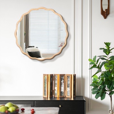 Vynxaria 31" Solid Wood Wavy Natural Vanity Mirror - Modern Wall Decor for Bathroom, Bedroom, Living Room, Dining Room & Entryway