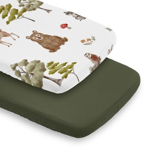 Sweet Jojo Designs Boy, Girl, Gender Neutral Baby Bassinet Fitted Sheets Set Watercolor Woodland Forest Animals Green Brown and Red 2pc - 1 of 4
