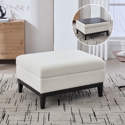 Square Storage Ottoman Coffee Table with Reversible Lid and Rubber Wood Legs, Upholstered Footstool for Bedroom, Living Room, or Entryway-Tanpinhause