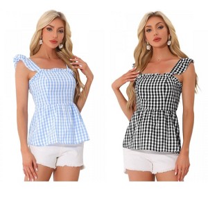 INSPIRE CHIC Women's Summer Square Neck Sleeveless Plaid Gingham Peplum Top 2 Packs - 1 of 4