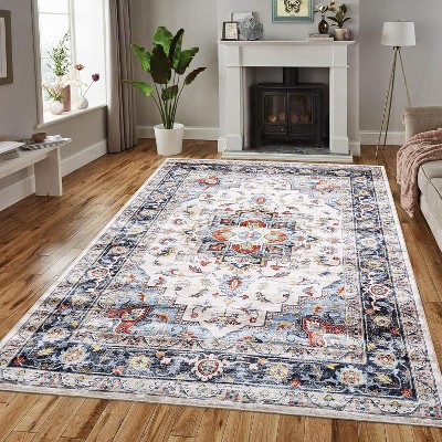 Washable Large Vintage Rug Stain Resistant Non Slip Non Shedding Indoor Carpet Low Pile Floor Cover for Living Room Bedroom