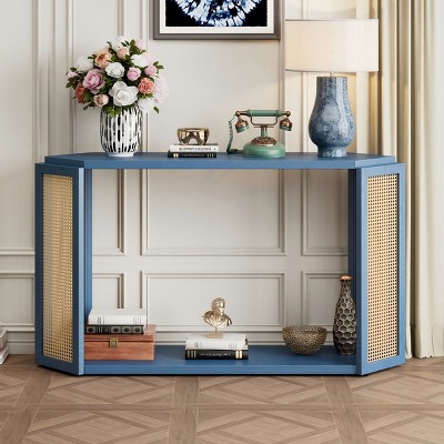 Narrow Console Table,Rattan Sofa Table with Irregular Top Design And Open Shelf For Living Room-Maison Boucle