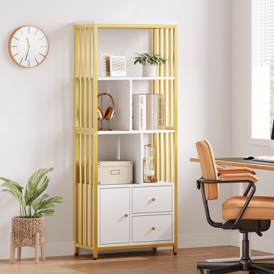 Garvee 4-Tier Gold Bookcase w/ 3 Drawers & Door, 62" White Gold Bookshelf with Metal Frame, Floor Standing Display Storage Cabinet for Living Room