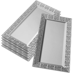 Silver Spoons Elegant Lace Plastic Serving Trays, Disposable Plastic Trays and Platters for Party, 14” x 7.5”, (6 PC) - 1 of 3