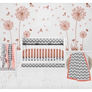 Bacati - Ikat Dots Stripes Coral Grey Muslin Girls 8 pc Crib Set with Crib Rail Guard - 1 of 4