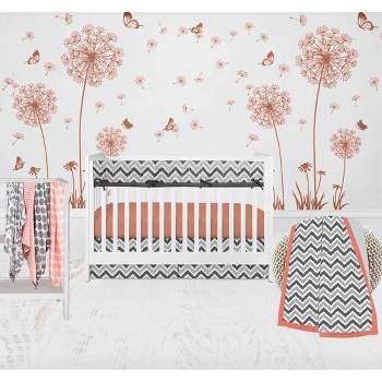 Bacati - Ikat Dots Stripes Coral Grey Muslin Girls 8 pc Crib Set with Crib Rail Guard