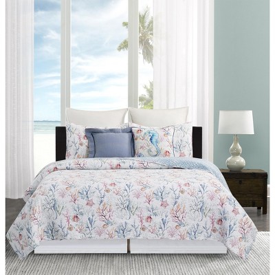 King Size Blue Cotton Reversible Coastal Quilt Set