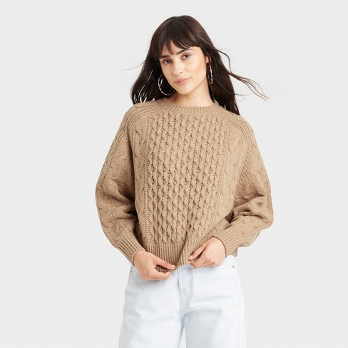 Women s Crewneck Cable Knit Pullover Sweater Universal Thread Tan M Target