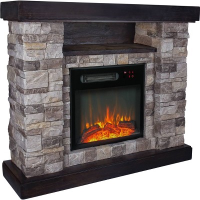 39" Gray Faux Stone Freestanding Electric Fireplace with LED Shelf
