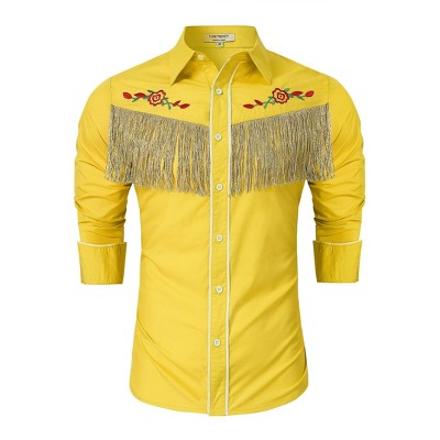 Clearlove Men’s Western Slim Fit Denim Shirt with Long Sleeves, Fringe Detailing, and Rose Embroidery