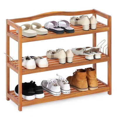Reddish Brown 3-Tier Acacia Wood Shoe Rack with Metal Hooks