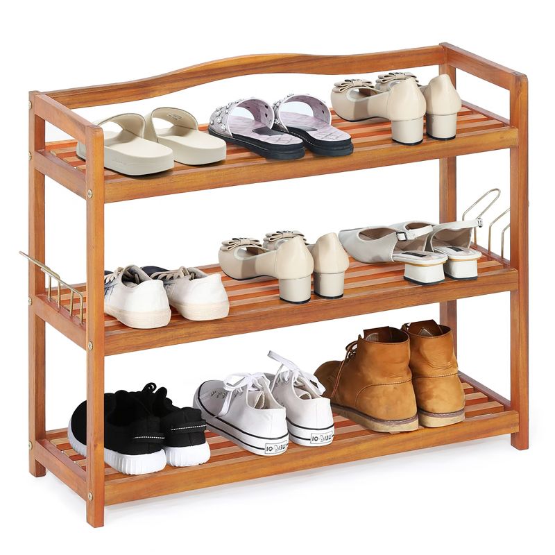 Costway 3-Tier  Wood Shoe Rack Solid Acacia Wood Shoe Shelf with Side Metal Hooks, 5 of 11